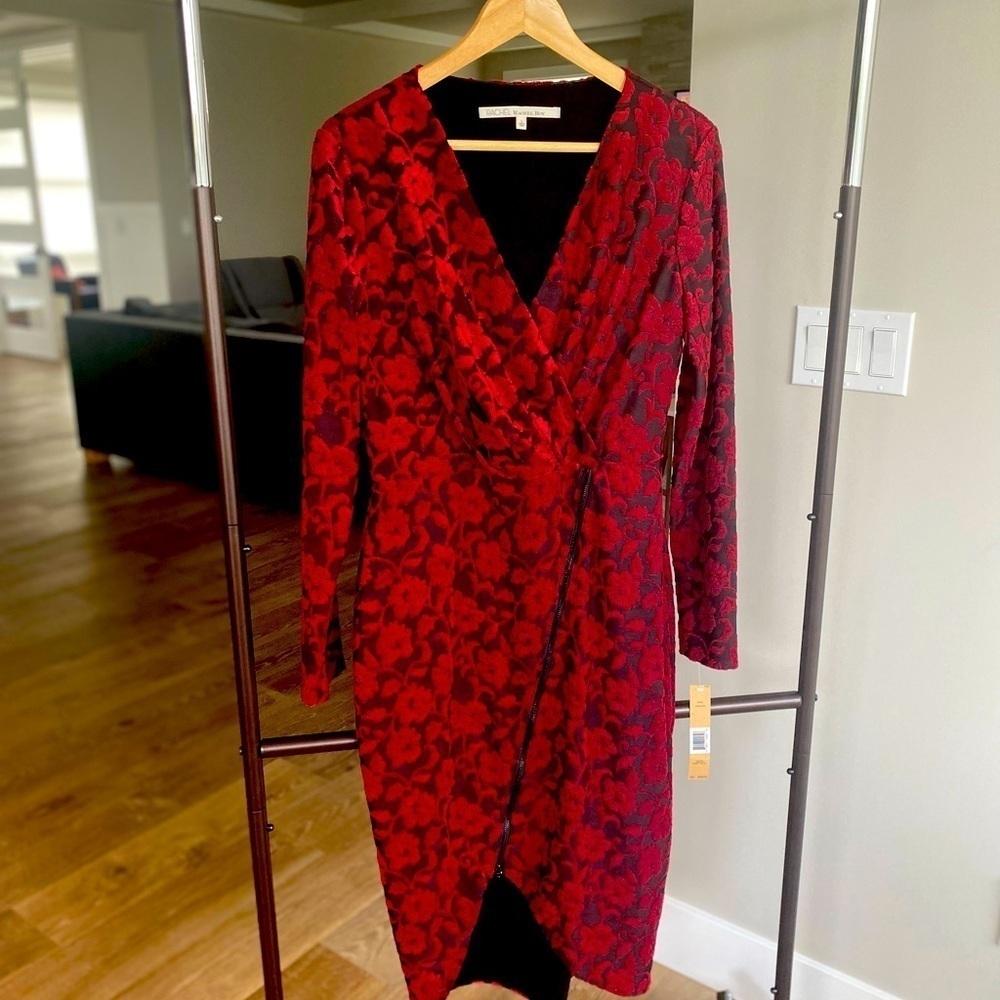 Rachel Roy Red and Black Faux Crossover Dress Size L NWT